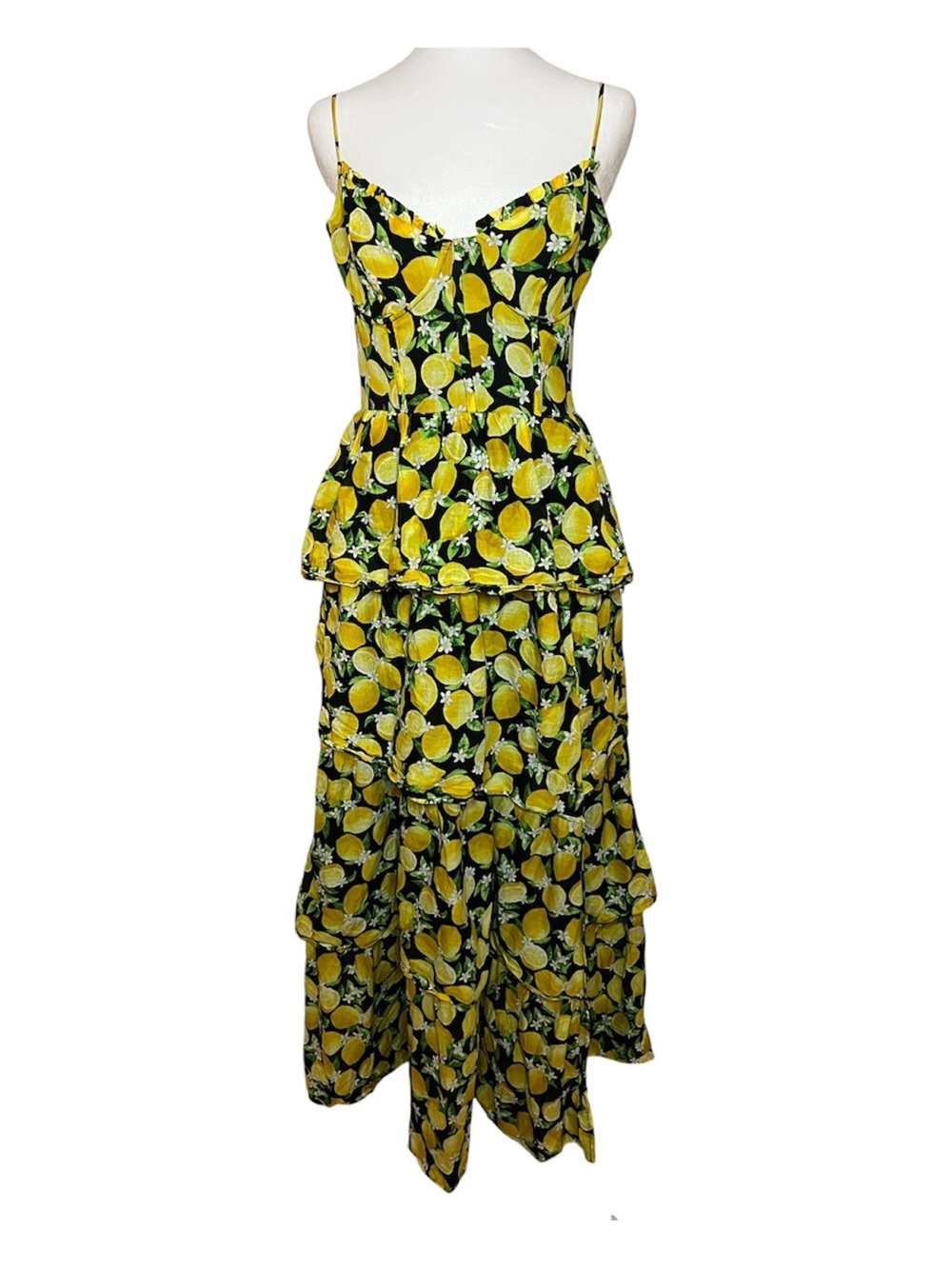 Betsey Johnson Black and Yellow Lemon Print Maxi Dress
